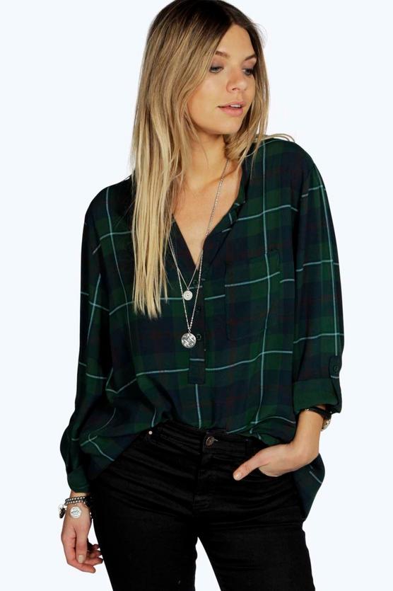 Rosie Collarless Checked Roll Back Sleeve Shirt